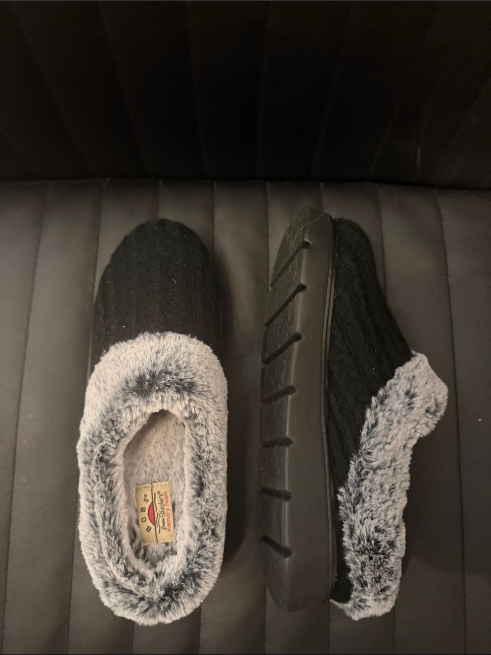 BOBS from Skechers Black Slipper Clog with Gray Faux Fur Trim